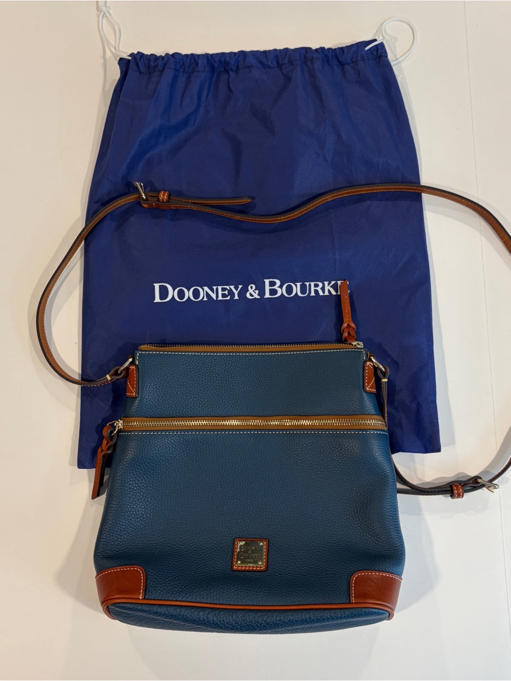 Dooney & Bourke Pebble Grain Leather Crossbody with Brown Trim - Jeans Blue